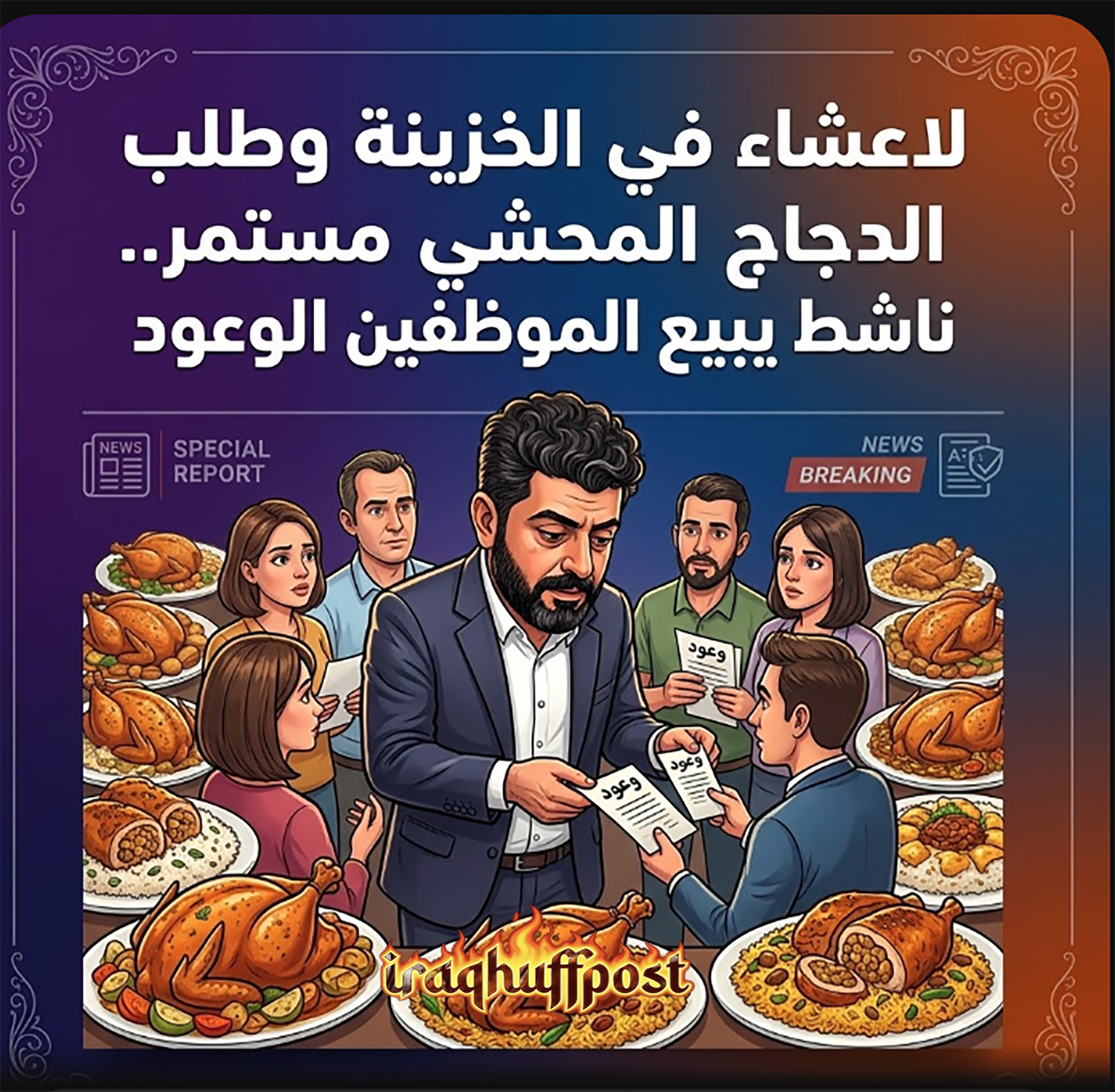 لا عشاء في الخزينة وطلب الدجاج المحشي مستمر.. الزيدي يبيع الموظفين الوعود